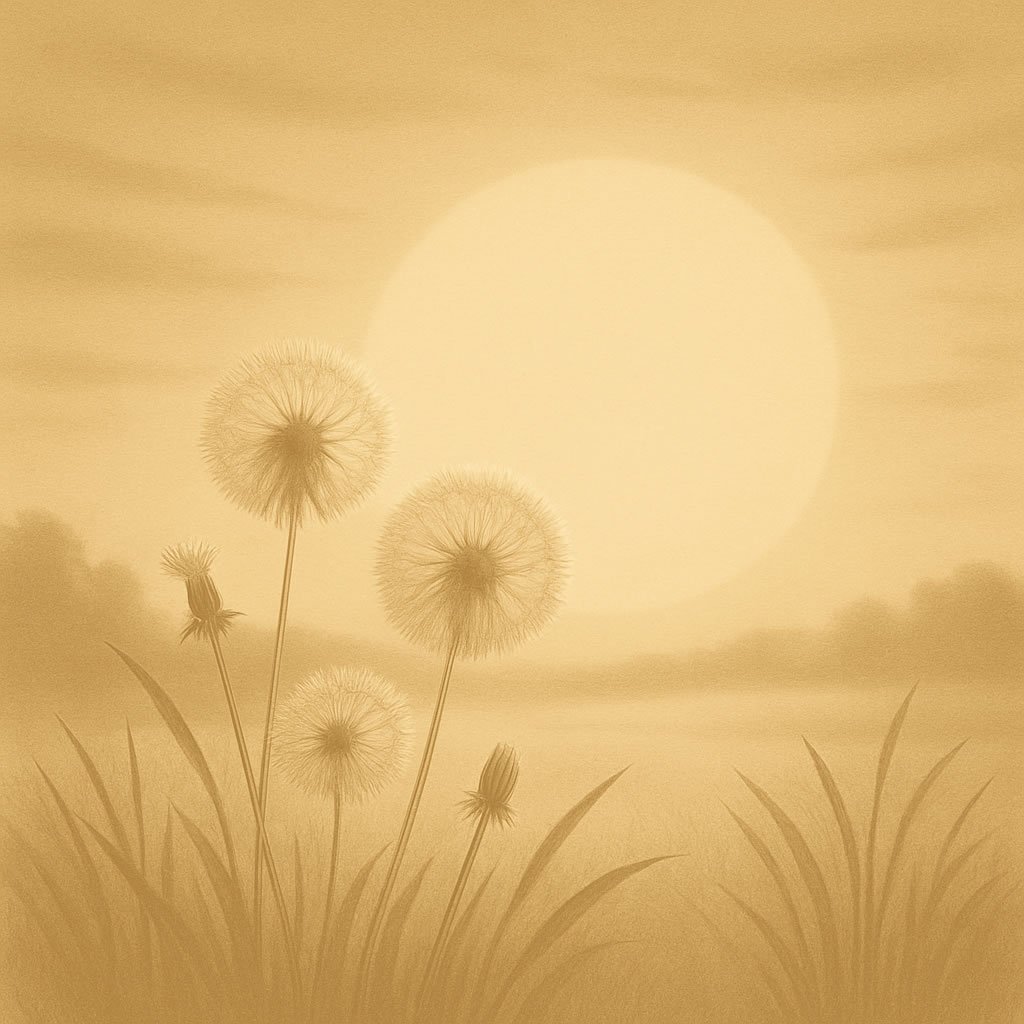 Dandelions in a field with sunset